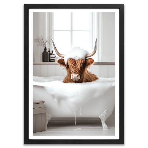 ARTFAVES® Poster - Kuh in der Badewanne | Wanddeko Wandbild Badezimmer Bad Witzig | mit Rahmen Schwarz | 30 x 40 cm von ARTFAVES