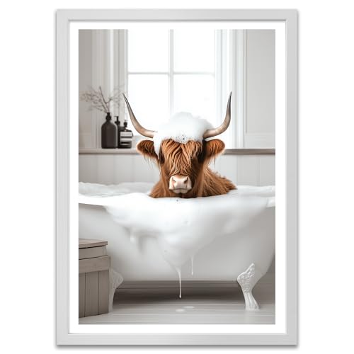 ARTFAVES® Poster - Kuh in der Badewanne | Wanddeko Wandbild Badezimmer Bad Witzig | mit Rahmen Weiss | 30 x 40 cm von ARTFAVES