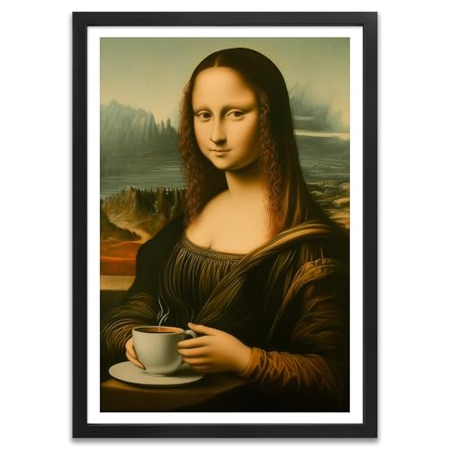 ARTFAVES® Poster - Mona Lisa Kaffee | Wanddeko Wandbild Kunst Modern Witzig | mit Rahmen Schwarz | 30 x 40 cm von ARTFAVES