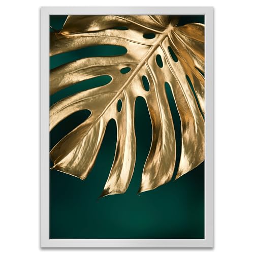 ARTFAVES® Poster - Monstera Gold Grün | Wanddeko Wandbild Fotografie Abstrakt | mit Rahmen Weiss | 30 x 40 cm von ARTFAVES
