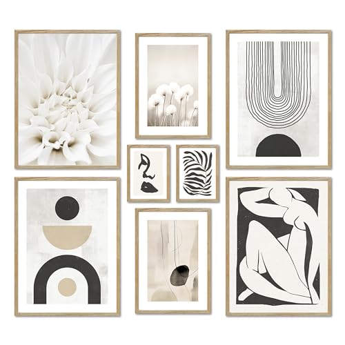 ARTFAVES® Poster Set - ABSTRACT BLACK ART - mehrteilige Wanddeko Wohnzimmer & Schlafzimmer - 8 moderne Wandbilder abstrakt, Kunst, Henri Matisse, schwarz-weiss, beige - mit Rahmen Eiche von ARTFAVES