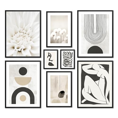 ARTFAVES® Poster Set - ABSTRACT BLACK ART - mehrteilige Wanddeko Wohnzimmer & Schlafzimmer - 8 moderne Wandbilder abstrakt, Kunst, Henri Matisse, schwarz-weiss, beige - mit Rahmen Schwarz von ARTFAVES