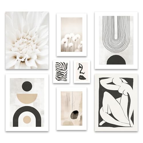 ARTFAVES® Poster Set - ABSTRACT BLACK ART - mehrteilige Wanddeko Wohnzimmer & Schlafzimmer - 8 moderne Wandbilder abstrakt, Kunst, Henri Matisse, schwarz-weiss, beige - ohne Bilderrahmen von ARTFAVES