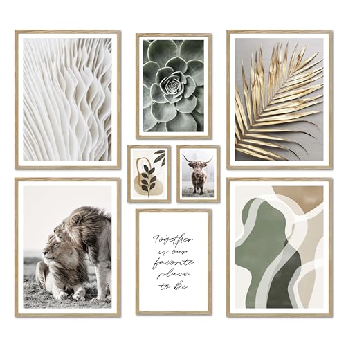 ARTFAVES® Poster Set - ABSTRACT NATURE - mehrteilige Wanddeko Wohnzimmer & Schlafzimmer - 8 moderne Wandbilder Abstrakt, grün, Löwe, beige, gold, Natur - mit Rahmen Eiche von ARTFAVES