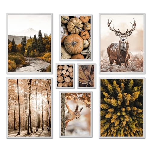 ARTFAVES® Poster Set - AUTUMN FOREST - mehrteilige Wanddeko Wohnzimmer & Schlafzimmer - 8 moderne Wandbilder Herbst, Wald, orange, braun - mit Rahmen Weiss von ARTFAVES