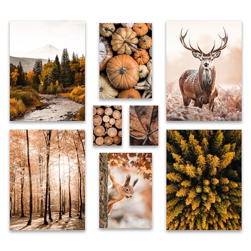 ARTFAVES® Poster Set - AUTUMN FOREST - mehrteilige Wanddeko Wohnzimmer & Schlafzimmer - 8 moderne Wandbilder Herbst, Wald, orange, braun - ohne Bilderrahmen von ARTFAVES