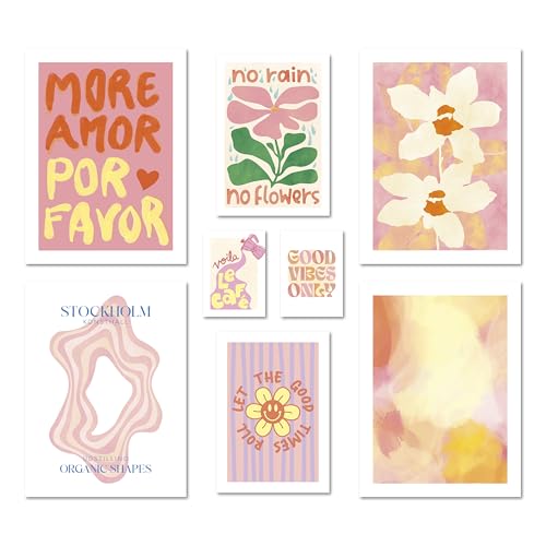 ARTFAVES® Poster Set - Abstract Dopamine Decor - mehrteilige Wanddeko Wohnzimmer & Schlafzimmer - 8 moderne Wandbilder dopamin decor, sommer, frühling, bunt, abstrakt, kunst, rosa - ohne Bilderrahmen von ARTFAVES
