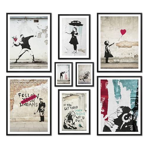 ARTFAVES® Poster Set - BANKSY STREET ART - mehrteilige Wanddeko Wohnzimmer - 8 moderne Wandbilder Collage, Girl Balloon, Flower Thrower, Umbrella - mit Rahmen Schwarz von ARTFAVES