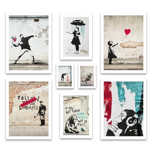 ARTFAVES® Poster Set - BANKSY STREET ART - mehrteilige Wanddeko Wohnzimmer - 8 moderne Wandbilder Collage, Girl Balloon, Flower Thrower, Umbrella - ohne Bilderrahmen von ARTFAVES