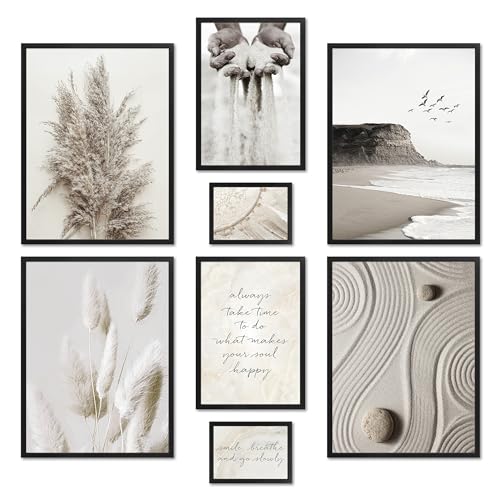 ARTFAVES® Poster Set - BEIGE DREAMS - mehrteilige Wanddeko Wohnzimmer & Schlafzimmer - 8 moderne Wandbilder Pampasgras, Meer, Strand, Achtsamkeit, Yoga - mit Rahmen Schwarz von ARTFAVES