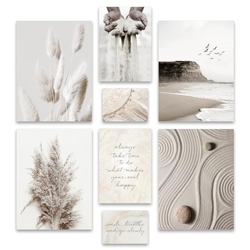 ARTFAVES® Poster Set - BEIGE DREAMS - mehrteilige Wanddeko Wohnzimmer & Schlafzimmer - 8 moderne Wandbilder Pampasgras, Meer, Strand, Achtsamkeit, Yoga - ohne Bilderrahmen von ARTFAVES