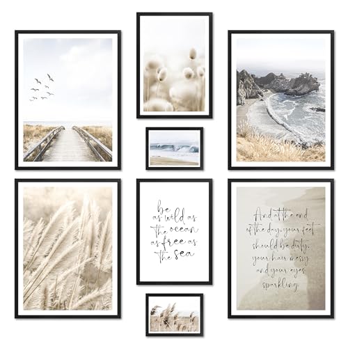 ARTFAVES® Poster Set - BEIGE SEA PAMPAS - mehrteilige Wanddeko Wohnzimmer & Schlafzimmer - 8 moderne Wandbilder Pampasgras, Strand, Meer, natur, maritim - mit Rahmen Schwarz von ARTFAVES