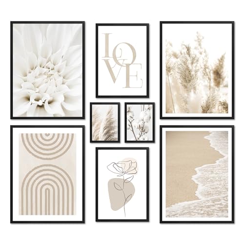 ARTFAVES® Poster Set - BEIGE SOFTNESS - mehrteilige Wanddeko Wohnzimmer & Schlafzimmer - 8 moderne Wandbilder Abstrakte Formen, Pampasgras, Blüte, beige, Meer - mit Rahmen Schwarz von ARTFAVES