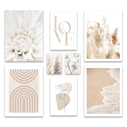 ARTFAVES® Poster Set - BEIGE SOFTNESS - mehrteilige Wanddeko Wohnzimmer & Schlafzimmer - 8 moderne Wandbilder Abstrakte Formen, Pampasgras, Blüte, beige, Meer - ohne Bilderrahmen von ARTFAVES