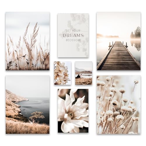 ARTFAVES® Poster Set - BEIGE VINTAGE NATURE - mehrteilige Wanddeko Wohnzimmer & Schlafzimmer - 8 moderne Wandbilder Natur, Blüte, Pflanzen, beige, See - ohne Bilderrahmen von ARTFAVES