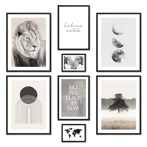 ARTFAVES® Poster Set - BEIGE WILDERNESS - mehrteilige Wanddeko Wohnzimmer & Schlafzimmer - 8 moderne Wandbilder Abstrakt, natur, beige, braun, Afrika, Löwe, Mondphasen - mit Rahmen Schwarz von ARTFAVES