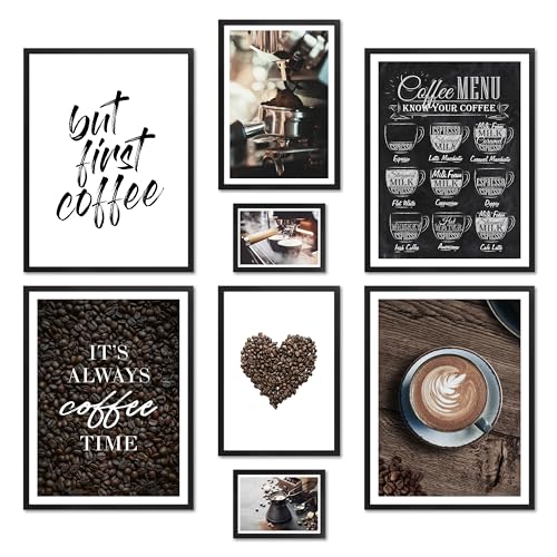 ARTFAVES® Poster Set - COFFEE LOVE - mehrteilige Wanddeko Wohnzimmer & Küche & Esszimmer - 8 moderne Wandbilder Kaffee Deko, Espresso, Coffee time - mit Rahmen Schwarz von ARTFAVES