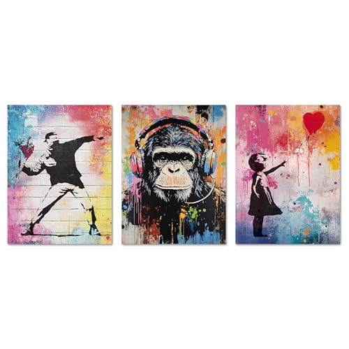 ARTFAVES® Poster Set - Colorful Banksy - mehrteilige Wanddeko Wohnzimmer, Schlafzimmer, Büro, Flur - 3 moderne Wandbilder Kunst, bunt, Street-Art, Urban, Graffiti - ohne Bilderrahmen von ARTFAVES