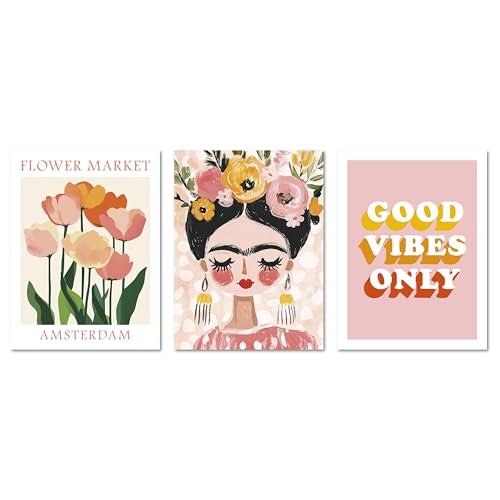 ARTFAVES® Poster Set - Dopamine Trio 1 - mehrteilige Wanddeko Wohnzimmer, Schlafzimmer - 3 moderne Wandbilder Abstrakt, pastell, Frida Kahlo, Flower Market, Good Vibes Only - ohne Bilderrahmen von ARTFAVES