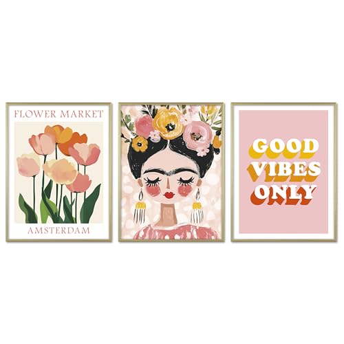 ARTFAVES® Poster Set - Dopamine Trio 1 - mehrteilige Wanddeko Wohnzimmer, Schlafzimmer - 3 moderne Wandbilder Abstrakte Kunst, pastell, Frida Kahlo, Flower Market, Good Vibes Only - mit Rahmen Gold von ARTFAVES