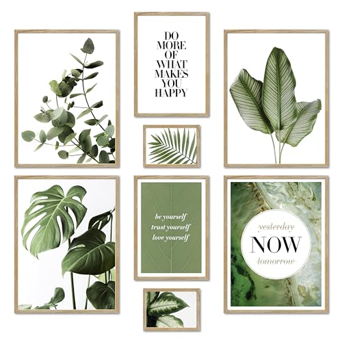 ARTFAVES® Poster Set - ELEGANTE BOTANIK - mehrteilige Wanddeko Wohnzimmer & Schlafzimmer, Badezimmer - 8 moderne Wandbilder Eukalyptus, Monstera, Pflanzen, grün, natur - mit Rahmen Eiche von ARTFAVES