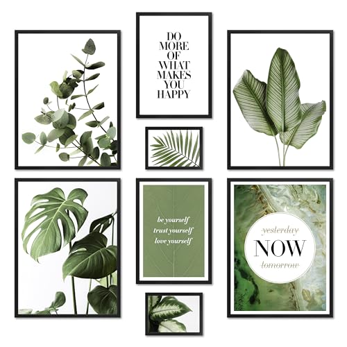 ARTFAVES® Poster Set - ELEGANTE BOTANIK - mehrteilige Wanddeko Wohnzimmer & Schlafzimmer, Badezimmer - 8 moderne Wandbilder Eukalyptus, Monstera, Pflanzen, grün, natur - mit Rahmen Schwarz von ARTFAVES