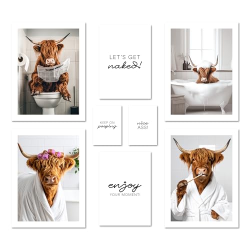 ARTFAVES® Poster Set - FUNNY BATHROOM - mehrteilige Wanddeko Wohnzimmer & Schlafzimmer - 8 moderne Wandbilder Hochlandrind, WC Badezimmer Toilette Bilder, witzige Deko - ohne Bilderrahmen von ARTFAVES