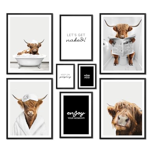 ARTFAVES® Poster Set - FUNNY BATHROOM - mehrteilige Wanddeko Wohnzimmer & Schlafzimmer - 8 moderne Wandbilder Hochlandrind, WC Badezimmer Toilette Bilder, witzige Deko - mit Rahmen Schwarz von ARTFAVES