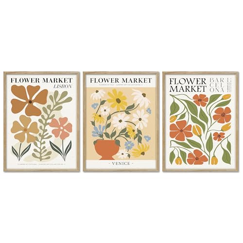 ARTFAVES® Poster Set - Flower Market Trio 2 - mehrteilige Wanddeko Wohnzimmer, Schlafzimmer - 3 moderne Wandbilder Blumen, pastell, Blumenmarkt Plakate, abstrakt - mit Rahmen Holzoptik von ARTFAVES