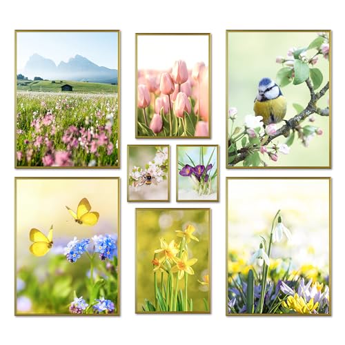 ARTFAVES® Poster Set - Frühlingserwachen - mehrteilige Wanddeko Wohnzimmer & Schlafzimmer - 8 moderne Wandbilder Frühlingsdeko, Frühling Deko Bilder - mit Rahmen Gold von ARTFAVES