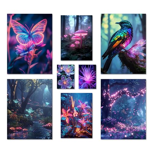 ARTFAVES® Poster Set - Futuristic Neon Forest - mehrteilige Wanddeko Gamingzimmer & Jugendzimmer - 8 moderne Wandbilder lila, avatar, biolumineszenz, wald, futuristisch - ohne Bilderrahmen von ARTFAVES
