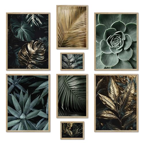 ARTFAVES® Poster Set - GOLD PLANT HARMONY - mehrteilige Wanddeko Wohnzimmer & Schlafzimmer - 8 moderne Wandbilder Pflanzen Bilder, grün, gold, Blätter, Monstera - mit Rahmen Eiche von ARTFAVES