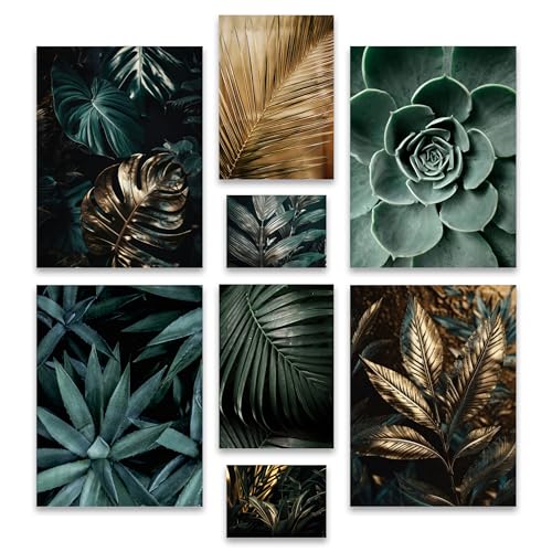 ARTFAVES® Poster Set - GOLD PLANT HARMONY - mehrteilige Wanddeko Wohnzimmer & Schlafzimmer - 8 moderne Wandbilder Pflanzen Bilder, grün, gold, Blätter, Monstera - ohne Bilderrahmen von ARTFAVES