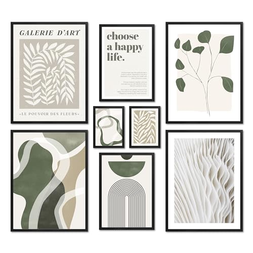 ARTFAVES® Poster Set - GREEN MID CENTURY - mehrteilige Wanddeko Wohnzimmer & Schlafzimmer - 8 moderne Wandbilder Abstrakte Formen, grün, beige - mit Rahmen Schwarz von ARTFAVES