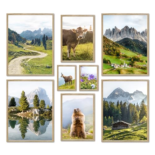 ARTFAVES® Poster Set - In den Bergen - mehrteilige Wanddeko Wohnzimmer & Schlafzimmer - 8 moderne Wandbilder Frühlingsdeko, Frühling Deko, Wandern, Alpen - mit Rahmen Eiche von ARTFAVES