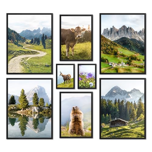ARTFAVES® Poster Set - In den Bergen - mehrteilige Wanddeko Wohnzimmer & Schlafzimmer - 8 moderne Wandbilder Frühlingsdeko, Frühling Deko, Wandern, Alpen - mit Rahmen Schwarz von ARTFAVES