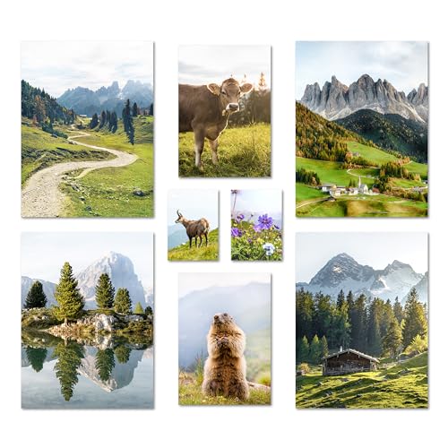 ARTFAVES® Poster Set - In den Bergen - mehrteilige Wanddeko Wohnzimmer & Schlafzimmer - 8 moderne Wandbilder Frühlingsdeko, Frühling Deko, Wandern, Alpen - ohne Bilderrahmen von ARTFAVES