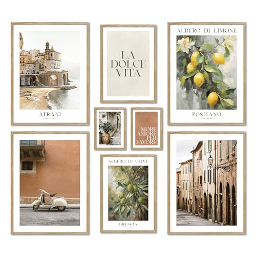 ARTFAVES® Poster Set - LA DOLCE VITA ITALY - mehrteilige Wanddeko Wohnzimmer & Schlafzimmer - 8 moderne Wandbilder Italien, mediterran, Toskana, grün, terrakotta - mit Rahmen Eiche von ARTFAVES