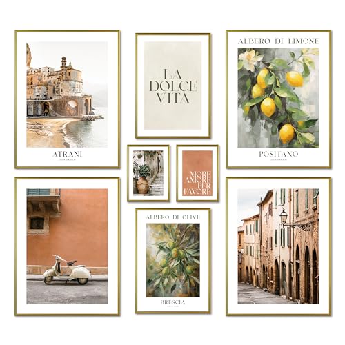 ARTFAVES® Poster Set - LA DOLCE VITA ITALY - mehrteilige Wanddeko Wohnzimmer & Schlafzimmer - 8 moderne Wandbilder Italien, mediterran, Toskana, grün, terrakotta - mit Rahmen Gold von ARTFAVES