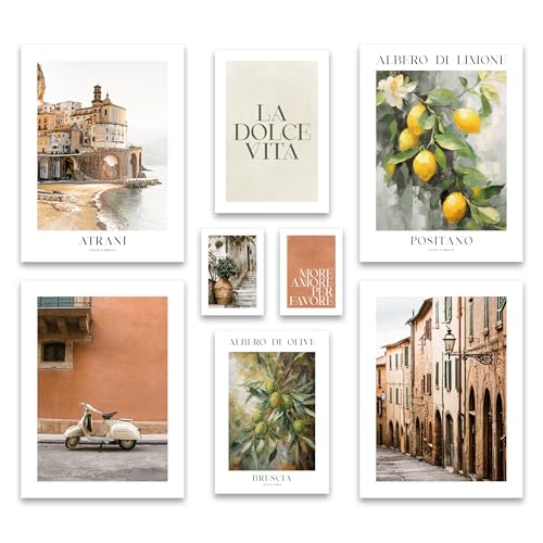 ARTFAVES® Poster Set - LA DOLCE VITA ITALY - mehrteilige Wanddeko Wohnzimmer & Schlafzimmer - 8 moderne Wandbilder Italien, mediterran, Toskana, grün, terrakotta - ohne Bilderrahmen von ARTFAVES