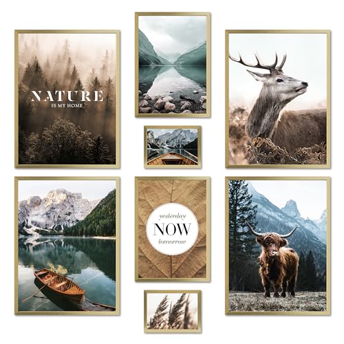 ARTFAVES® Poster Set - MYSTI MOUNTAINS - 8 moderne Wandbilder für Wohnzimmer, Schlafzimmer - Natur, Berge, Pragser See, Landschaft, Dolomiten - ohne Bilderrahmen von ARTFAVES