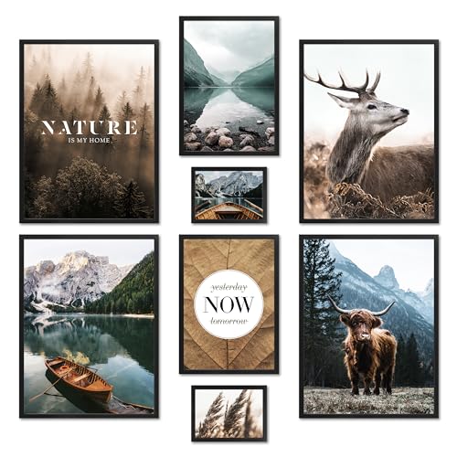 ARTFAVES® Poster Set - MYSTI MOUNTAINS - mehrteilige Wanddeko Wohnzimmer & Schlafzimmer - 8 moderne Wandbilder Natur, Berge, Pragser See, Dolomiten, Hochland Rind - mit Rahmen Schwarz von ARTFAVES