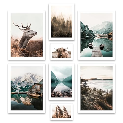 ARTFAVES® Poster Set - MYSTI RIVER - mehrteilige Wanddeko Wohnzimmer & Schlafzimmer - 8 moderne Wandbilder Pragser See, Wald, blau, braun, Berge, Hirsch, Dolomiten - ohne Bilderrahmen von ARTFAVES