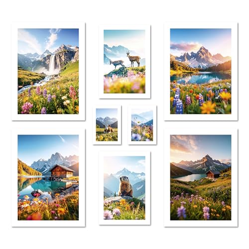 ARTFAVES® Poster Set - Mountain Summer - mehrteilige Wanddeko Wohnzimmer & Schlafzimmer - 8 moderne Wandbilder berge, tirol, bergliebe, sommer, frühling, bunt - ohne Bilderrahmen von ARTFAVES