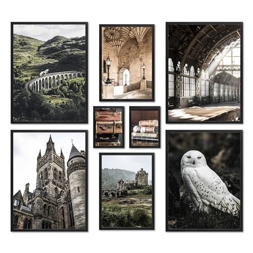 ARTFAVES® Poster Set - POTTERHEAD - mehrteilige Wanddeko Wohnzimmer & Schlafzimmer - 8 moderne Wandbilder Schottland, England, mystisch, Zug, Schneeeule - mit Rahmen Schwarz von ARTFAVES