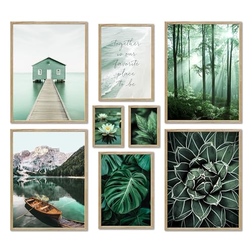 ARTFAVES® Poster Set - Petrol Nature - mehrteilige Wanddeko Wohnzimmer & Schlafzimmer - 8 moderne Wandbilder grün, wald, natur, petrol, petrol-grün, pflanzen, berg, see - mit Rahmen Eiche von ARTFAVES
