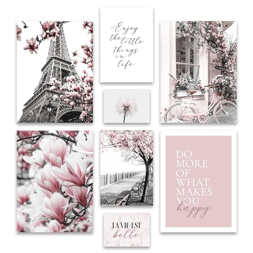 ARTFAVES® Poster Set - SPRING IN PARIS - mehrteilige Wanddeko Wohnzimmer & Schlafzimmer - 8 moderne Wandbilder Frühling, schwarz weiß, rosa, Fashion - ohne Bilderrahmen von ARTFAVES