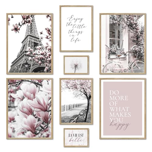 ARTFAVES® Poster Set - SPRING IN PARIS - mehrteilige Wanddeko Wohnzimmer & Schlafzimmer - 8 moderne Wandbilder Frühling, schwarz weiß, rosa, Fashion - mit Rahmen Eiche von ARTFAVES