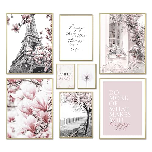 ARTFAVES® Poster Set - SPRING IN PARIS - mehrteilige Wanddeko Wohnzimmer & Schlafzimmer - 8 moderne Wandbilder Frühling, schwarz weiß, rosa, Fashion - mit Rahmen Gold von ARTFAVES