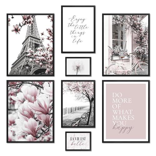 ARTFAVES® Poster Set - SPRING IN PARIS - mehrteilige Wanddeko Wohnzimmer & Schlafzimmer - 8 moderne Wandbilder Frühling, schwarz weiß, rosa, Fashion - mit Rahmen Schwarz von ARTFAVES